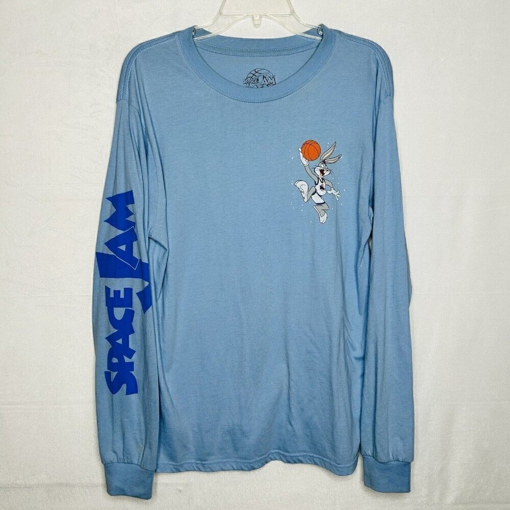 Space Jam Bugs Bunny Tune Squad T-Shirt Blue Long-Sleeve Sz M Spellout Sleeve